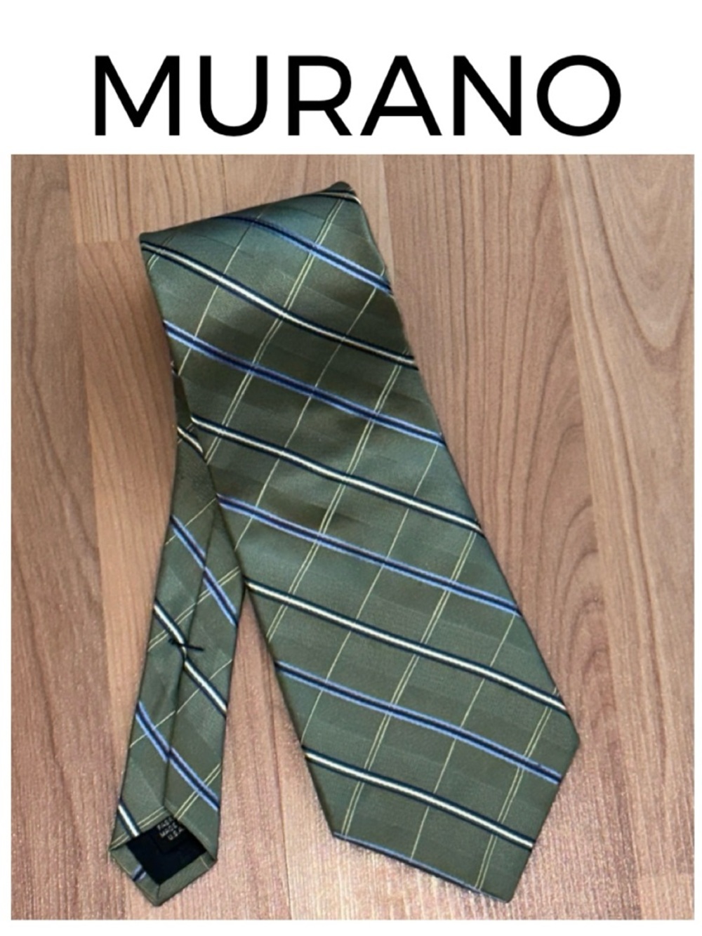 MURANO 100% Silk Tie Olive Sage Green Plaid Diagonal Stripes Blue White